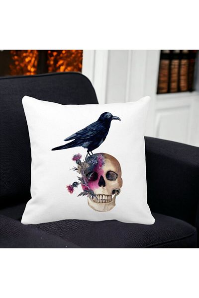 BEKZ Perna Decorativa cu motiv Craniu si Cioara de Halloween, 40x40 cm, Alba, Mata, Husa Detasabila, Burd