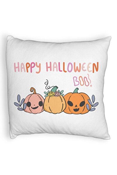 BEKZ Fata de perna Fluffy cu motiv Dovleac si Text de Halloween, Multicolor, 40x40 cm, Alba, Husa Deta