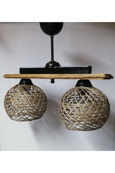 TEKAY AYDINLATMA Set of 2 Rustic Wooden Chandeliers with Jute Rope Braided Heads