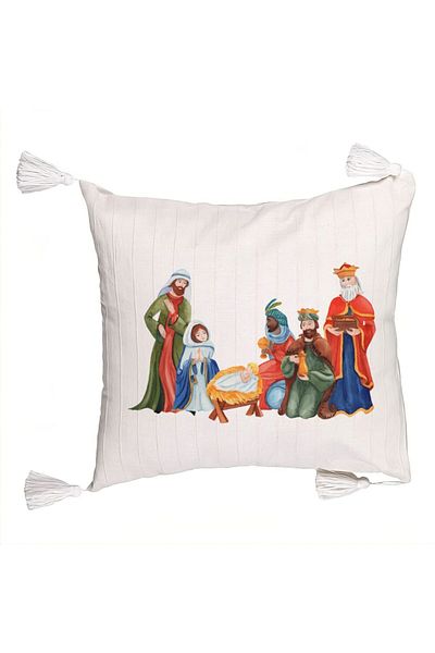 BEKZ Fringed Pillowcase with Christmas Theme, Jesus - God's Gift, 45x45 cm, Ecru, With f