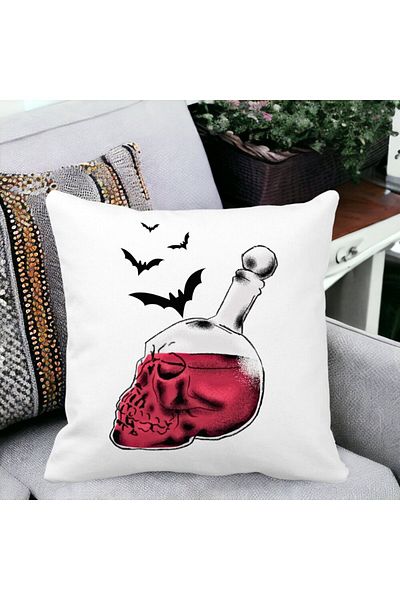 BEKZ Decorative Pillow with Halloween Skull Glass Motif 1, 40x40 cm, White, Matte, Removable Cover, Burdu