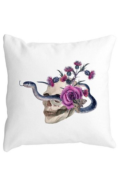 BEKZ Pillowcase With Halloween Skull And Snake Motif, 40x40 Cm, White, Matte, Burdu