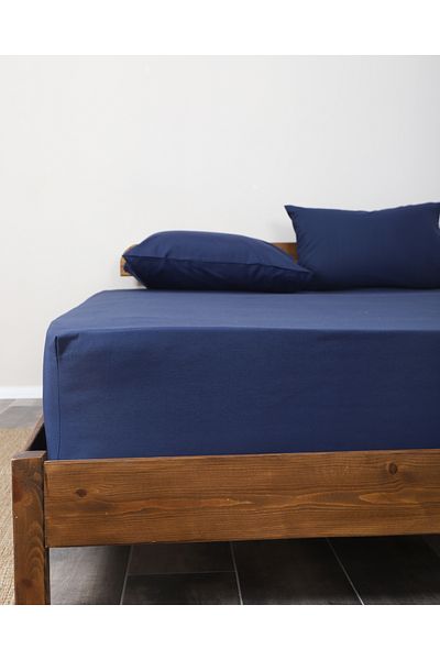 Lio20 Fitted Cotton Fabric Bed Sheet and Pillow Case Set-Elastic-Fade Resistant-Navy Blue