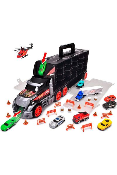 Dickie Truck Trailer Set, Dickie Toys, 7 Cars, 1 Helicopter, 18 Accessories, Multicolor, 69 x 26 x 12 cm