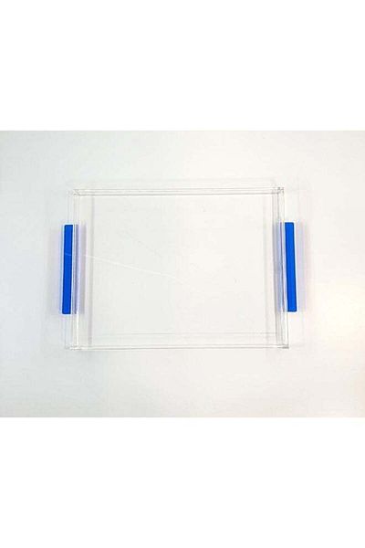 Generic Luxury Clear Acrylic Square Serving Tray with Blue Handle - 44 x 30 x 4 cm - for Serving Desserts and Food