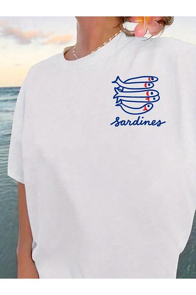 AEMİ Tricou oversize cu decolteu cu imprimeu sardine pentru femei