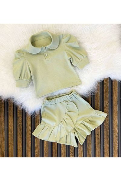 cacakids Short Balloon Sleeve Ruffle Shorts Skirt Two-Piece Girl Set