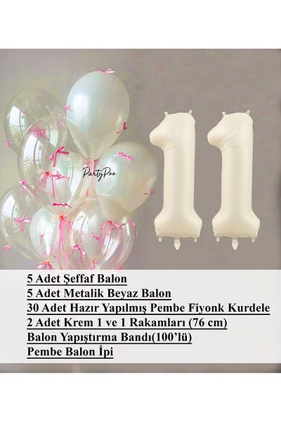 PartyPoo Pink Bow Transparent White Balloon Set + Cream Number Foil Balloon – 11-Piece Birthday Party Ornament