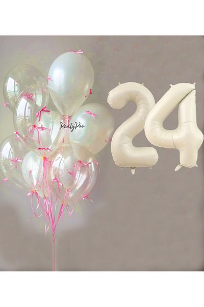PartyPoo Pink Bow Transparent White Balloon Set + Cream Number Foil Balloon – 11-Piece Birthday Party Ornament