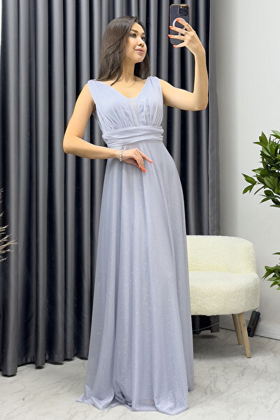 thezkscom Women's Zero Sleeve Transparent Detail Evening Dress Plus Size Options Purple, Gray, Powder