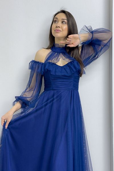 thezkscom Navy Blue Tulle Draped Plus Size Evening Dress