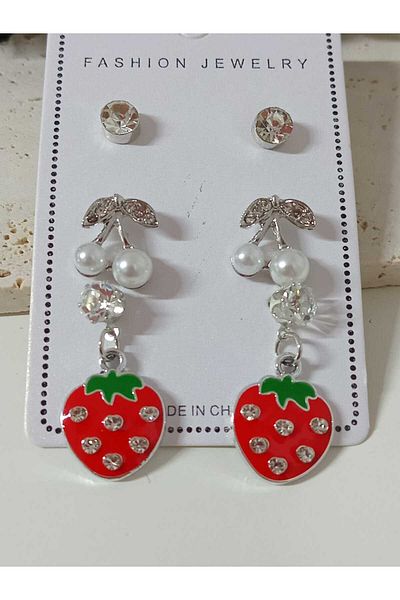 mos&more 3 Pairs Cherry Strawberry Summer Fashion Earrings Set- Silver