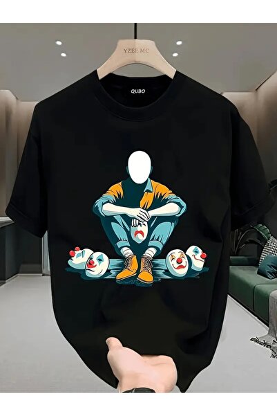 PERISENSE تي شيرت أسود للجنسين للنساء/الرجال مطبوع عليه رقبة دائرية وأكمام قص...