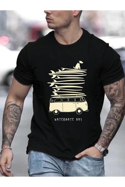 YRN COLLECTION تي شيرت أسود للجنسين للنساء/الرجال مطبوع عليه رقبة دائرية وأكم...