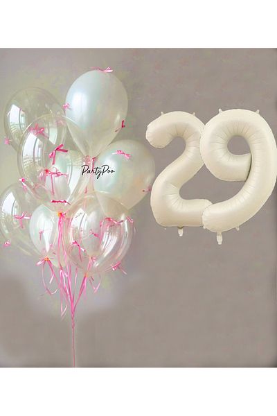 PartyPoo Pink Bow Transparent White Balloon Set + Cream Number Foil Balloon – 11-Piece Birthday Party Ornament