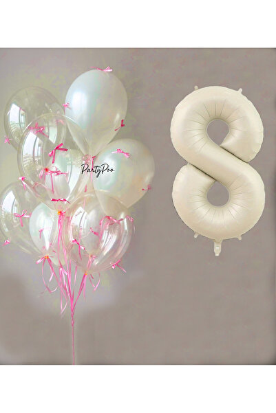 PartyPoo Pembe Fiyonklu Şeffaf Beyaz Balon Seti + Krem Rakam Folyo Balon – 11...
