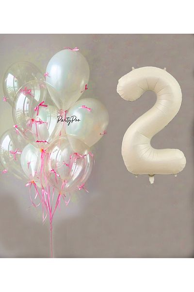PartyPoo Pink Bow Transparent White Balloon Set + Cream Number Foil Balloon – 11-Piece Birthday Party Ornament