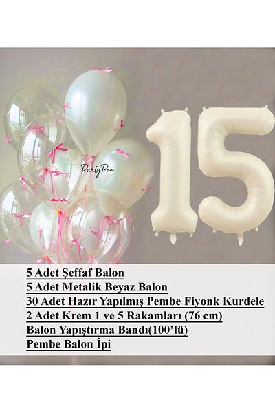 PartyPoo Pink Bow Transparent White Balloon Set + Cream Number Foil Balloon – 11-Piece Birthday Party Ornament