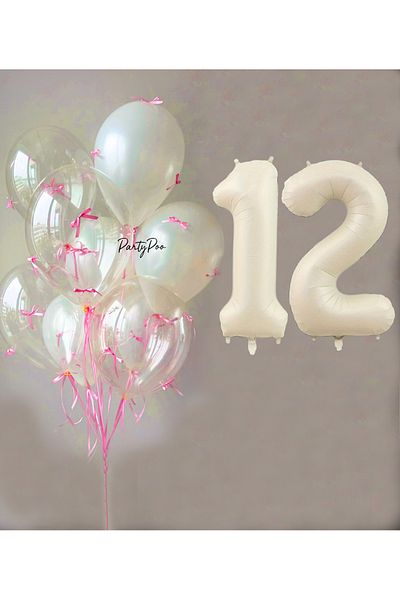 PartyPoo Pink Bow Transparent White Balloon Set + Cream Number Foil Balloon – 11-Piece Birthday Party Ornament