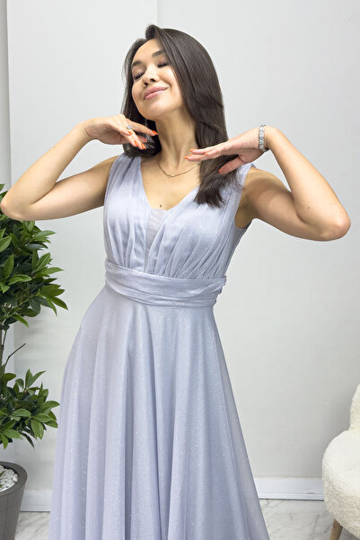 thezkscom Women's Zero Sleeve Transparent Detail Evening Dress Plus Size Options Purple, Gray, Powder