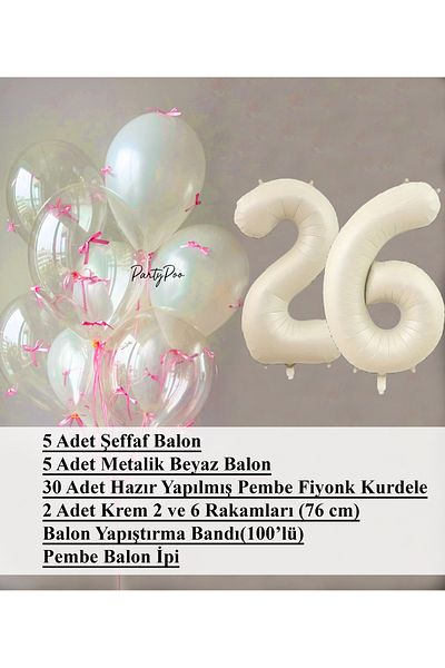 PartyPoo Pink Bow Transparent White Balloon Set + Cream Number Foil Balloon – 11-Piece Birthday Party Ornament