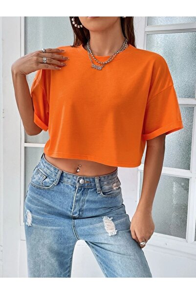 WOODROFFE Γυναικείο πορτοκαλί Crop T-shirt Oversize Unprinted Casual