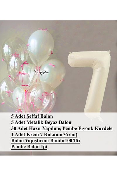 PartyPoo Pink Bow Transparent White Balloon Set + Cream Number Foil Balloon – 11-Piece Birthday Party Ornament