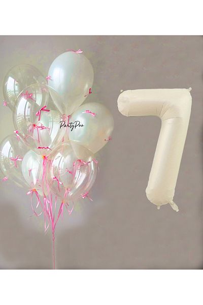 PartyPoo Pink Bow Transparent White Balloon Set + Cream Number Foil Balloon – 11-Piece Birthday Party Ornament