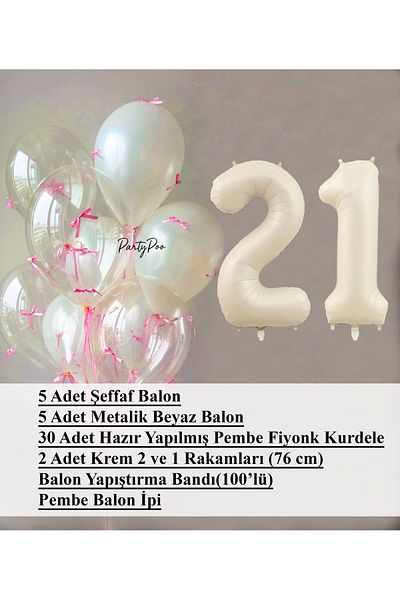 PartyPoo Pink Bow Transparent White Balloon Set + Cream Number Foil Balloon – 11-Piece Birthday Party Ornament