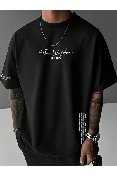 PERISENSE تي شيرت أسود للجنسين للنساء/الرجال مطبوع عليه رقبة دائرية وأكمام قص...