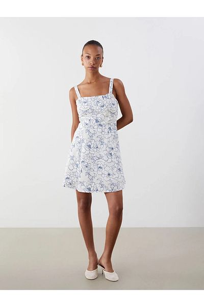 LC Waikiki Rochie mini cu bretele florale cu decolteu pătrat albastru LCW Vision