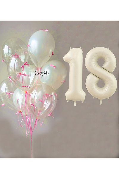 PartyPoo Pink Bow Transparent White Balloon Set + Cream Number Foil Balloon – 11-Piece Birthday Party Ornament