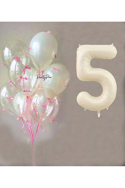 PartyPoo Pink Bow Transparent White Balloon Set + Cream Number Foil Balloon – 11-Piece Birthday Party Ornament