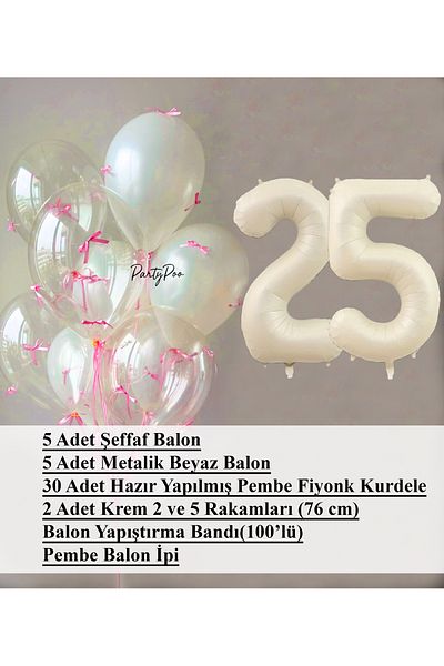 PartyPoo Pink Bow Transparent White Balloon Set + Cream Number Foil Balloon – 11-Piece Birthday Party Ornament