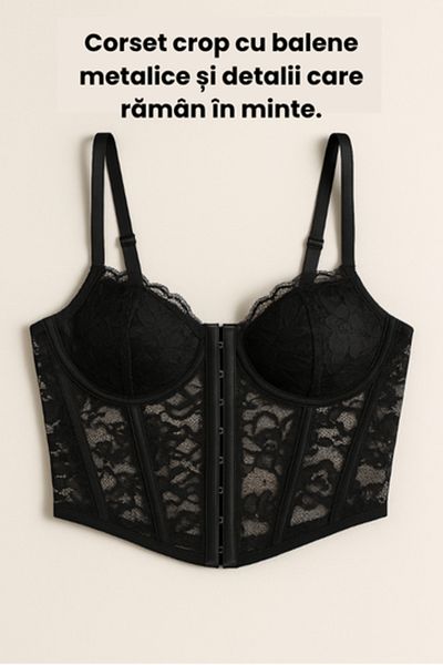 OBRO Sexy Lace Corset, Metallic Whales – Crop Bustier, Frontal Snaps and Adjustable Straps, Black, S