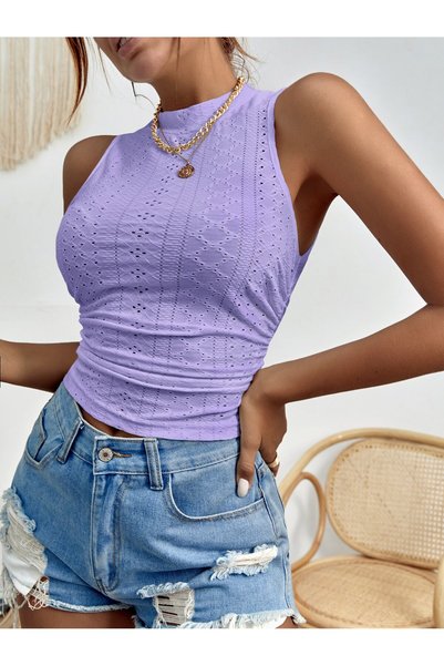 Marin Star Lilac Embroidery Pattern Crew Neck Sleeveless Side Shirring Crop, Lilac Embroidery Pattern Sleeveless Shirring Blouse