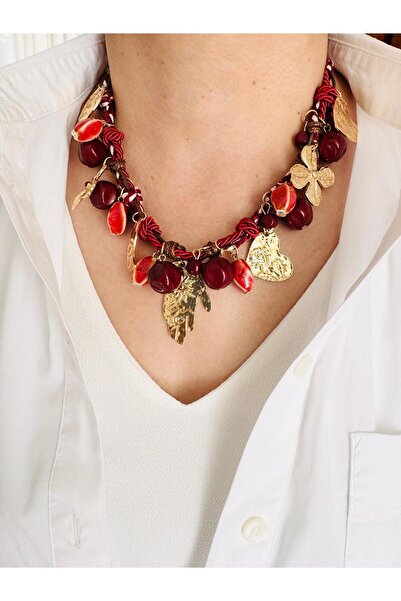 DEVİ fashion Bordo İpli Charm Seramik Kolye 45 cm