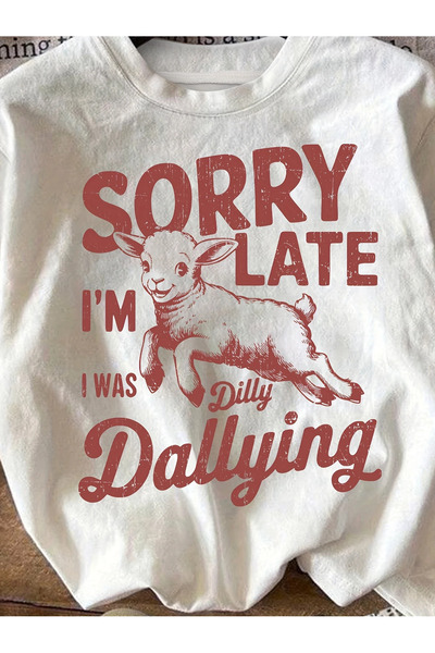 AEMİ Γυναικείο μπλουζάκι Sorry Late με στάμπα Oversize Crew Neck