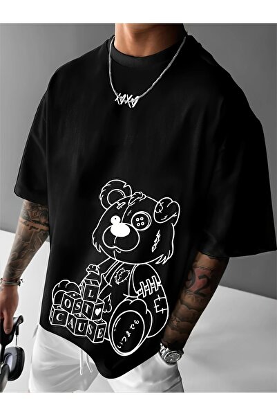 PERISENSE تي شيرت أسود للجنسين للنساء/الرجال مطبوع عليه رقبة دائرية وأكمام قص...