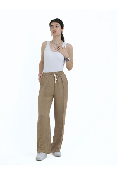 fh fashionhere Women's Sofia Linen Fabric Striped High Waist Wide Leg Relaxed Fit Lace-Up Elastic Waist Casual Pants