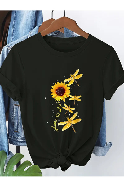 YRN COLLECTION تي شيرت أسود للجنسين للنساء/الرجال مطبوع عليه رقبة دائرية وأكم...