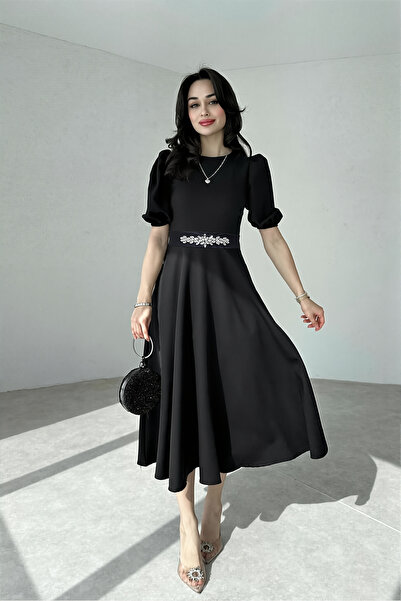 ALFUDO Moda Collection Siyah Karpuz Kollu Midi Boy Elbise