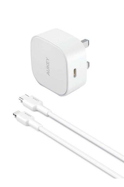AUKEY Kit On The GO Bundle-IIII PD Charger 20W With MFI USB-C To Lightning Cable White