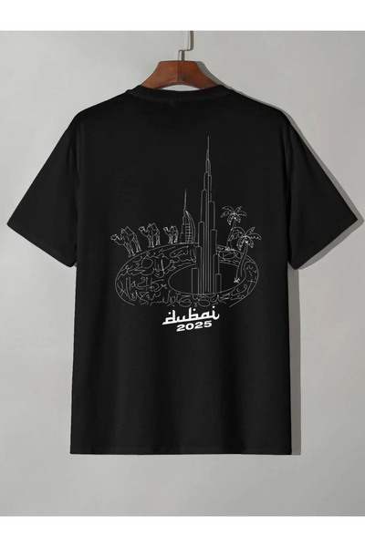 YRN COLLECTION تي شيرت أسود كبير الحجم مطبوع عليه دبي من الخلف