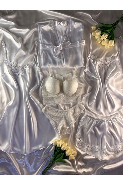 Madame Mercy Boxed 6-Piece Giant White Silky Satin Garter Nightgown Shorts Suit Stockings Underwear Dowry Set