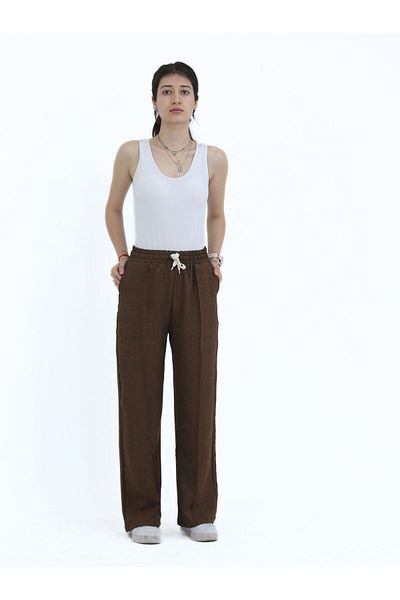 fh fashionhere Women's Sofia Linen Fabric Striped High Waist Wide Leg Relaxed Fit Lace-Up Elastic Waist Casual Pants