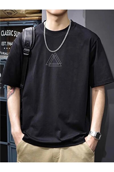 PERISENSE Unisex Women/Men Black Triangle Printed Oversize T-Shirt