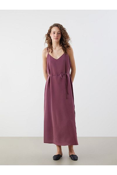 LC Waikiki Burgundy V-Neck Modal Blend Strap Dress