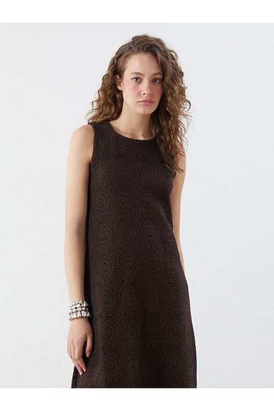 LC Waikiki Brown Crew Neck Openwork Lace Crochet Dress
