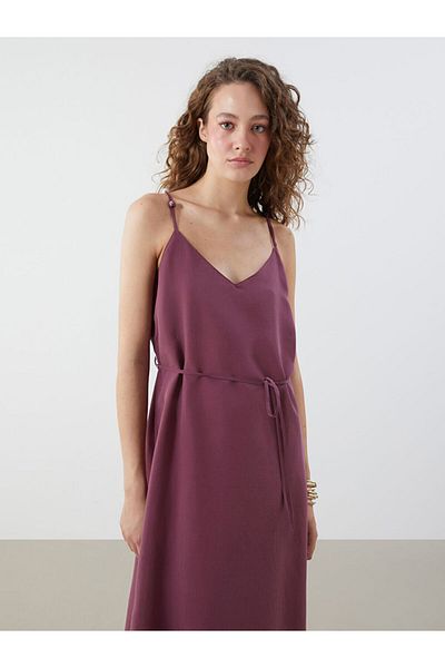 LC Waikiki Burgundy V-Neck Modal Blend Strap Dress